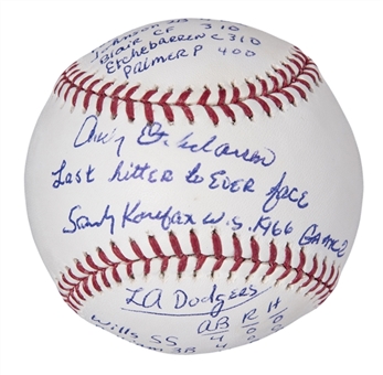Andy Etchebarren Signed and Inscribed "Last Hitter To Face Sandy Koufax" & "Scoreboard" OML Selig Baseball (Beckett)
